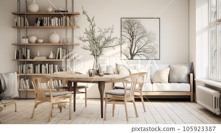 Living room interior in Scandinavian minimalist style wooden furniture 105923387