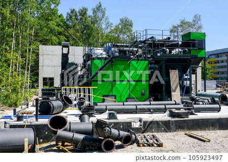 New unfinished wood chip biofuel boiler house for increased heat energy production efficiency New unfinished wood chip biofuel boiler house for increased heat energy production efficiency 105923497