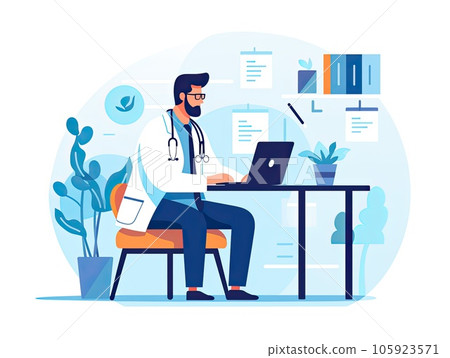 Online tele medicine and healthcare providers concept illustration. Online medical consultation and treatment via web applications connected to clinic. Online doctor consultation technology. 105923571