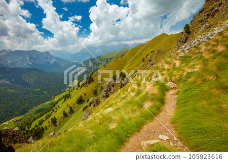 landscape with mountains, hills, clouds, grass and trail landscape with mountains, hills, clouds, grass and trail 105923616
