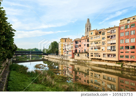 View of old town Girona, Catalonia, Spain, Europe. Summer travel. 105923753