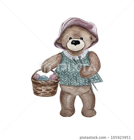 Cute teddy bear in a knitted dress. High quality watercolor illustration 105923951