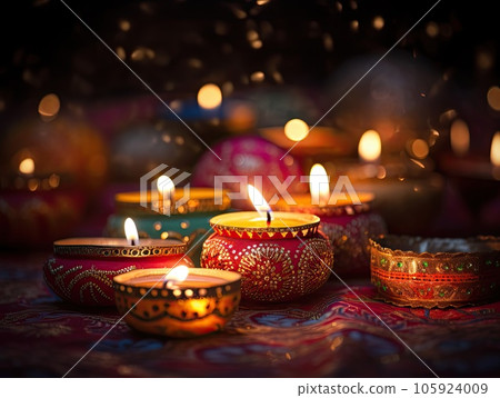 Happy Diwali, clay diya oil lamps lit during Dipavali, Hindu festival of lights colorful celebration 105924009