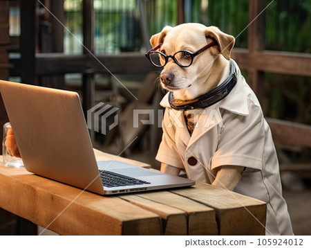Enterpreneur Labrador dog in a casual outfit and eye glasses using laptop while sitting in a cafe Enterpreneur Labrador dog in a casual outfit and eye glasses using laptop while sitting in a cafe 105924012