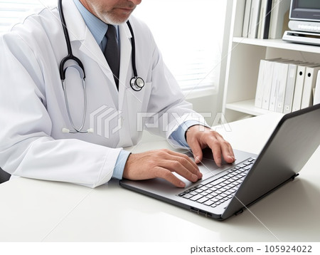 Closeup picture of a doctor typing on laptop in his clinic office Closeup picture of a doctor typing on laptop in his clinic office 105924022