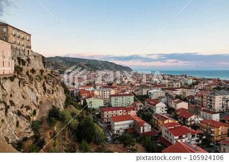 Old medieval Amantea town, fortifications and Rocca Castle ruins on rocky hill top, province of Cosenza, Calabria, Italy 105924106
