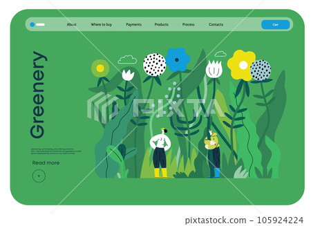Greenery, ecology -modern flat vector concept illustration of tiny people in the grass, surrounded by plants and flowers. Metaphor of environmental sustainability and protection, closeness to nature 105924224