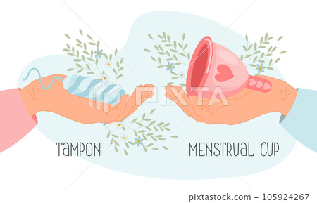The composition of feminine hygiene. Menstrual cup and tampon in hand. Protection for a woman in critical days. Vector 105924267