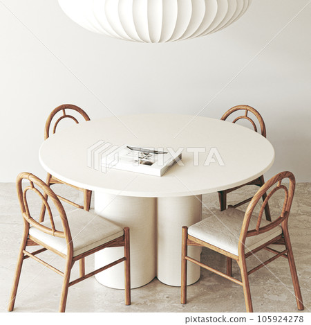 Wooden beige diningroom interior with dining table, book and chairs background. Natural light brown stone floor. Mock up empty book. 3d rendering. High quality 3d illustration 105924278