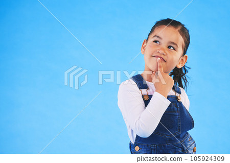 Thinking, child and girl with ideas, decision and choice on a blue studio background. Mockup space, kid and model with doubt, planning and inspiration with problem solving, question and opportunity Thinking, child and girl with ideas, decision and choice on a blue studio background. Mockup space, kid and model with doubt, planning and inspiration with problem solving, question and opportunity 105924309