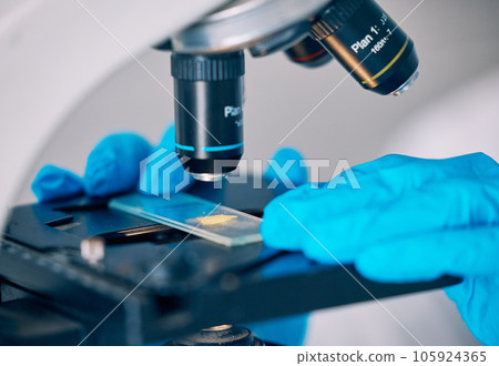 Microscope, worker hands and science worker research with technology testing for a pharmaceutical or medical study. Chemistry, biometric and molecule analytics for particles and person in hospital 105924365