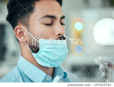 Medical, pcr and consulting with man and doctor for vaccine research, science and dna test. Pharmacy, medicine and healthcare with patient and cotton swab for virus, pathology exam and diagnosis 105924393