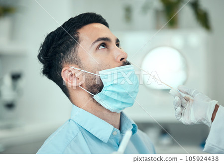 Medical, pcr and research with man and doctor for vaccine, science and dna test. Pharmacy, medicine and healthcare consulting with patient and cotton swab for virus, pathology exam and diagnosis 105924438