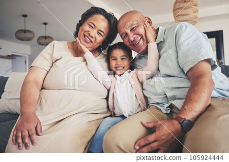 Smile, love and portrait of grandparents and child on sofa for happy, bonding and support. Hug, happiness and relax with Mexico family and embrace in living room at home for calm, cheerful and peace 105924444