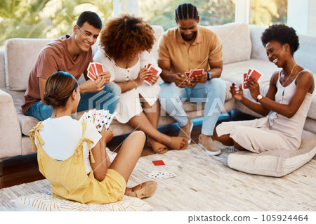 Game, happy or friends playing cards, poker or black jack at home for gambling together in a holiday party. Smile, men or group of women laughing to relax in living room in a fun match competition 105924464
