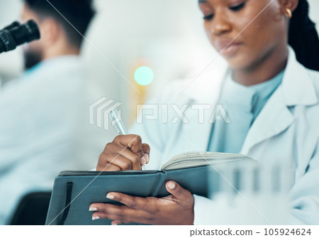 Results, black woman or scientist writing research notes for analysis on experiment or medical information. Notebook, biologist or expert in a laboratory with documents info for science development 105924624