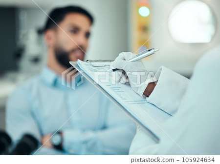 Patient, hands or doctor writing healthcare information, notes or history record for hospital paperwork. Clipboard, consultation or nurse with documents for prescription, diagnosis or medical advice 105924634