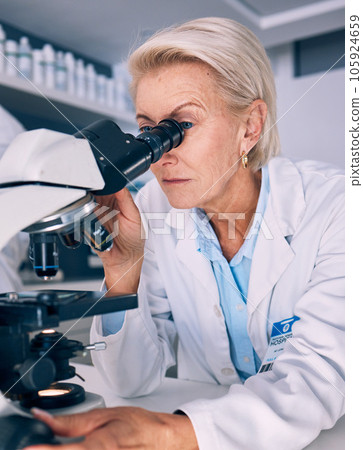Science woman, microscope analysis and lab for medical research, molecules or particles of bacteria at pharma job. Mature female scientist and vision with study virus for pharmaceutical innovation Science woman, microscope analysis and lab for medical research, molecules or particles of bacteria at pharma job. Mature female scientist and vision with study virus for pharmaceutical innovation 105924659