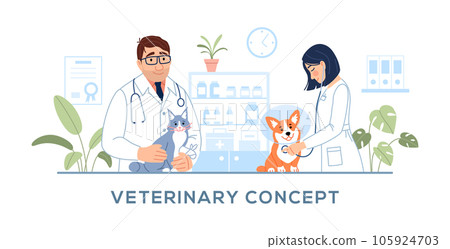 Veterinary clinic concept. Male, female veterinarians with stethoscope are doing veterinary exam on hospital background. Cute animals dog and cat diagnostics Flat line pet medicine vector illustration Veterinary clinic concept. Male, female veterinarians with stethoscope are doing veterinary exam on hospital background. Cute animals dog and cat diagnostics Flat line pet medicine vector illustration 105924703