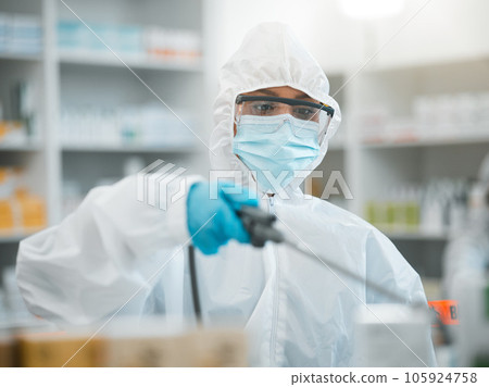 PPE, disinfection and health, person in pharmacy with mask and hygiene, cleaning and safety from bacteria and virus. Covid, compliance and healthcare, drugstore and sanitize, cleaner and chemicals 105924758