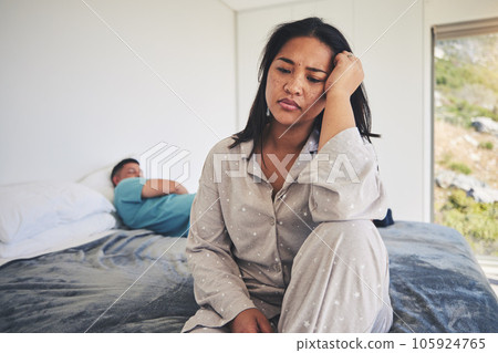 Frustrated couple, argument and fight in conflict on bed after disagreement, cheating or affair. Upset or unhappy woman and man in divorce, depression or toxic relationship and breakup in the bedroom Frustrated couple, argument and fight in conflict on bed after disagreement, cheating or affair. Upset or unhappy woman and man in divorce, depression or toxic relationship and breakup in the bedroom 105924765