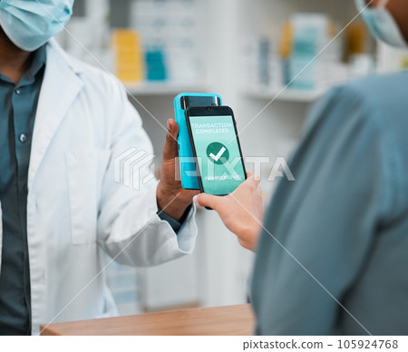 Phone, contactless pay and a customer shopping at a shop and paying for service with success. Future, technology and hand of a person with a smartphone and machine for payment at a pharmacy counter Phone, contactless pay and a customer shopping at a shop and paying for service with success. Future, technology and hand of a person with a smartphone and machine for payment at a pharmacy counter 105924768