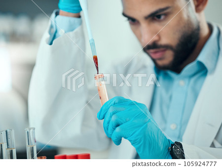 Science, man with pipette and blood in test tube, laboratory research results and medical engineering. Biotechnology, pharmaceutical study and DNA, scientist or lab technician with solution. 105924777