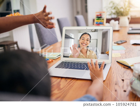 Wave, video call and child with woman teacher at home with education, e learning and teaching. Live streaming, hello and welcome of a female professional in kid webinar with smile in a house 105924781