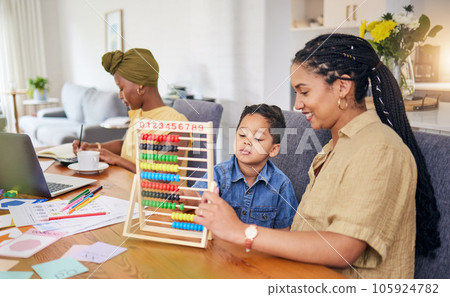 Child, homework help and math with mom in home with counting on abacus for development growth. Young boy, student and school work for education and learning at a house with mother teaching for study 105924782