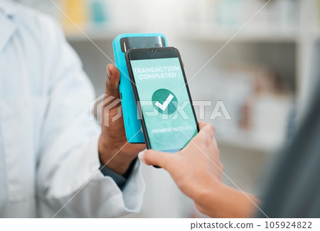 Contactless pay, phone and a customer shopping at a shop and paying for service with success check. Future, technology and hand of a person with a smartphone and machine for payment at a pharmacy Contactless pay, phone and a customer shopping at a shop and paying for service with success check. Future, technology and hand of a person with a smartphone and machine for payment at a pharmacy 105924822
