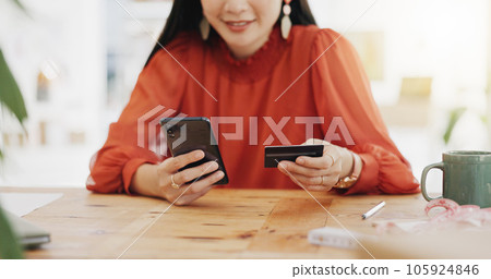 Woman hands, credit card and phone for business online shopping, trading or fintech payment in office startup. Professional person typing bank information on cellphone for website loan or transaction 105924846