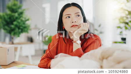 Woman or fashion designer thinking of ideas in manufacturing studio, inspiration or planning clothes production. Asian person contemplating creative or thoughtful strategy in textile, tailor business 105924860