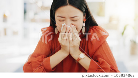 Tissue, blowing nose and sick Asian woman in office with sinus infection, virus and allergy symptoms. Business, corporate workplace and female worker at desk with cold, fever problem and flu sickness Tissue, blowing nose and sick Asian woman in office with sinus infection, virus and allergy symptoms. Business, corporate workplace and female worker at desk with cold, fever problem and flu sickness 105924862