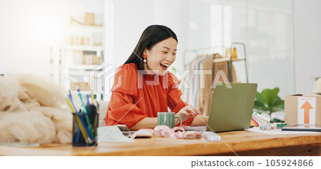 Fashion designer or woman winning on laptop for small business, startup success and online shop goals celebration. Ecommerce seller, asian person or winner yes, celebrate her clothes sales or profit Fashion designer or woman winning on laptop for small business, startup success and online shop goals celebration. Ecommerce seller, asian person or winner yes, celebrate her clothes sales or profit 105924866