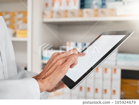 Person, pharmacist and hands with tablet screen for inventory inspection or checking stock at pharmacy. Closeup of medical or healthcare worker with technology app display or mockup in pharmaceutical Person, pharmacist and hands with tablet screen for inventory inspection or checking stock at pharmacy. Closeup of medical or healthcare worker with technology app display or mockup in pharmaceutical 105924879