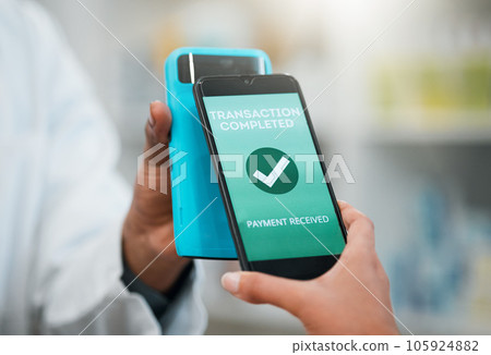 Customer, phone and shopping with contactless pay at a shop with transaction for service with success. Future, technology and hand of a person with a smartphone and machine for payment at a pharmacy Customer, phone and shopping with contactless pay at a shop with transaction for service with success. Future, technology and hand of a person with a smartphone and machine for payment at a pharmacy 105924882