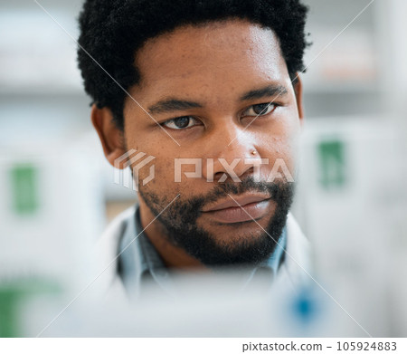 Black man, face and pharmacist, drugs and health with medicine, prescription and organize stock in pharmacy. Pills, healthcare and African medical employee, hospital dispensary and pharmaceutical Black man, face and pharmacist, drugs and health with medicine, prescription and organize stock in pharmacy. Pills, healthcare and African medical employee, hospital dispensary and pharmaceutical 105924883