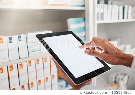 Person, pharmacist and hands with tablet mockup for inventory inspection or checking stock at pharmacy. Closeup of medical or healthcare worker with technology app display or screen in pharmaceutical Person, pharmacist and hands with tablet mockup for inventory inspection or checking stock at pharmacy. Closeup of medical or healthcare worker with technology app display or screen in pharmaceutical 105924893