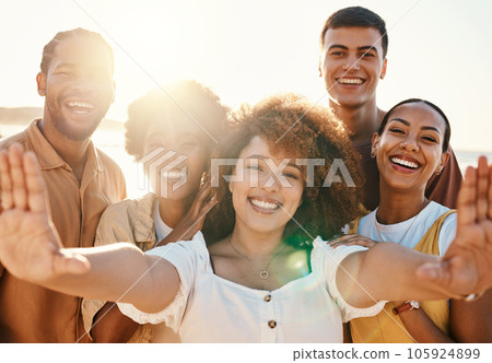 Happy, selfie and portrait with friends at beach for support, social media and diversity. Smile, relax and profile picture with group of people in nature for community, peace and summer vacation Happy, selfie and portrait with friends at beach for support, social media and diversity. Smile, relax and profile picture with group of people in nature for community, peace and summer vacation 105924899