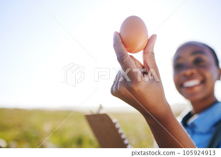 Happy woman on farm with egg in hand, inspection on field, quality assurance and sustainable small business farming in Africa. Poultry farmer with checklist and person in countryside with grass. 105924913