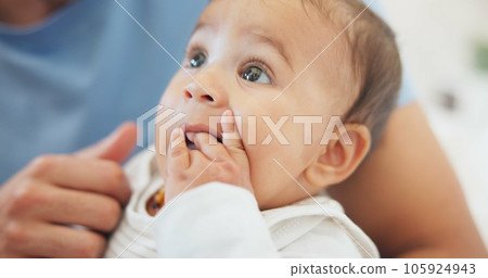 Father, baby and play in home with toys, care and affection, bonding together and cute. Dad, newborn and kid, infant or toddler relax, enjoying quality family time with parent and love in house. 105924943