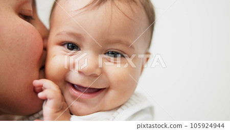Mom, hug and baby in closeup in home for bonding with love or playing in motherhood. Infant, care and parent with embrace for quality time in portrait with protection in family for toddler together. 105924944