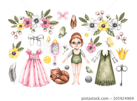 Fairy princess paper doll on a white background. Hand-drawn clothing elements, accessories Fairy princess paper doll on a white background. Hand-drawn clothing elements, accessories 105924969