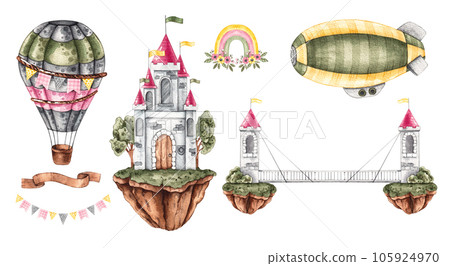 Fairytale castles in the air, airship, hot air balloon on a white background 105924970