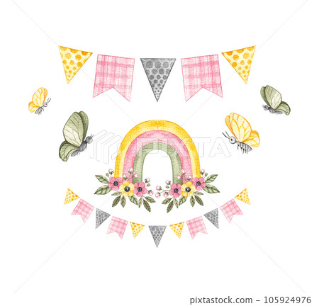 Fairytale rainbow with flowers on a white background 105924976