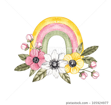 Fairytale rainbow with flowers on a white background 105924977