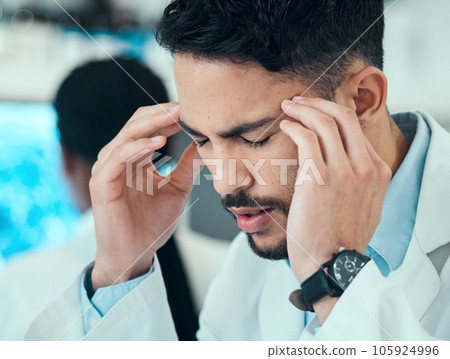 Anxiety, man or scientist with headache stress in a laboratory with burnout, migraine or bad head pain. Exhausted, face or frustrated expert with medical or science research with fatigue or tension 105924996