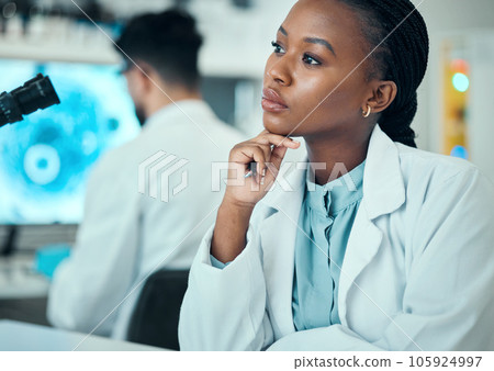 Thinking, research and black woman with solution, medical or scientist in a lab, brainstorming or ideas. Planning, researcher or professional with science problem, decision or strategy for experiment 105924997