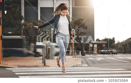 City, walking and business woman on a crosswalk with travel, commute and urban journey. Running, outdoor and female professional in morning traveling for work, career and job in New York on street City, walking and business woman on a crosswalk with travel, commute and urban journey. Running, outdoor and female professional in morning traveling for work, career and job in New York on street 105925084