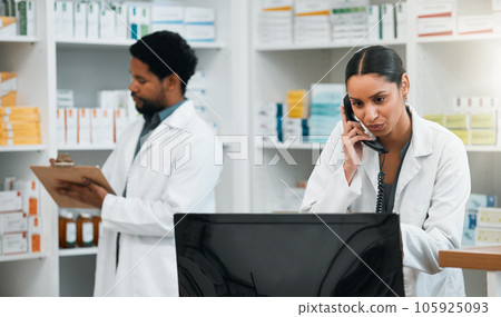 Phone call, counter and pharmacy woman for medicine, conversation and virtual healthcare support. Employee, medical person or pharmacist for checklist, computer and telephone with customer service 105925093